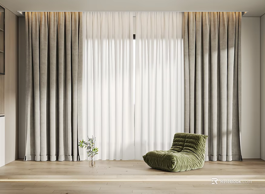 Modern Gray And White Light Filtering Curtains In Living Room With Green Sofa Wooden Floor 3d model 