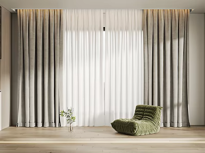 Modern Gray And White Light Filtering Curtains In Living Room With Green Sofa Wooden Floor 3d model