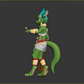 Anthropomorphic Green Creature Character With Blue Feathered Headdress Holding Staff In Ornamental Outfit