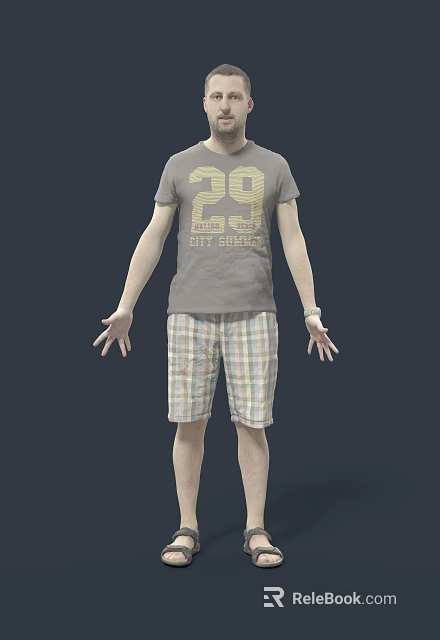 Man Wearing Gray T-shirt With 29 And FIT SHOES Print And Plaid Shorts 3d model 