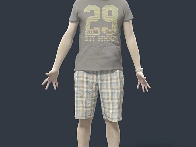 Man Wearing Gray T-shirt With 29 And FIT SHOES Print And Plaid Shorts 3d model