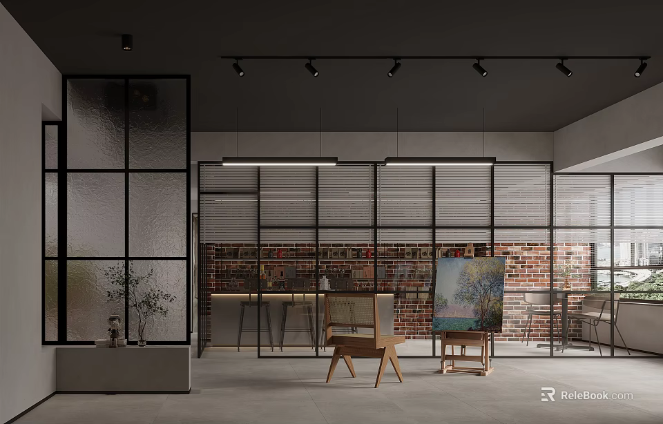 Modern Interior Design With Glass Partition Brick Wall And Wooden Furniture 3d model 