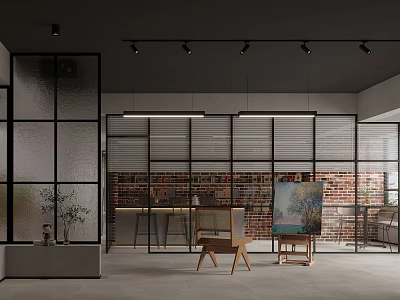 Modern Interior Design With Glass Partition Brick Wall And Wooden Furniture 3d model