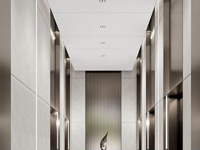 Modern Elevator Hallway Interior With Marble Walls Metal Accents And Recessed Lighting 3d model