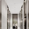 Modern Elevator Hallway Interior With Marble Walls Metal Accents And Recessed Lighting