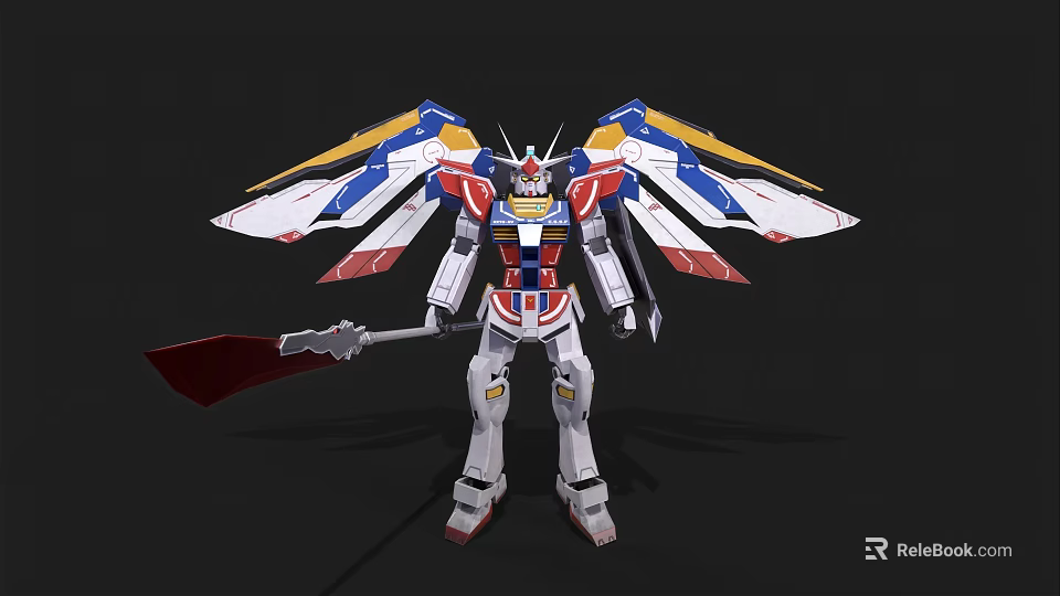 Intelligent Robot Figure With White Red Blue Yellow Wings And Red Large Blade 3d model 