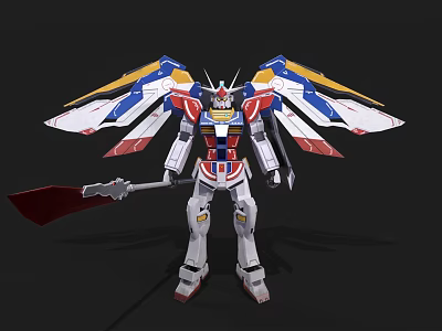 Intelligent Robot Figure With White Red Blue Yellow Wings And Red Large Blade 3d model