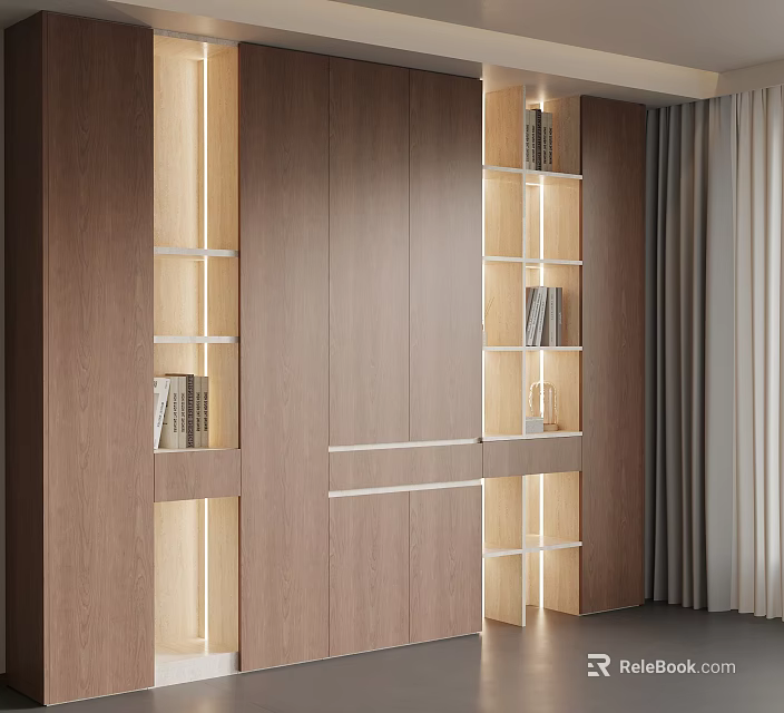 Modern Wooden Bookcase with Built in Shelves and LED Lighting for Contemporary Home Library 3d model 