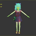 Game Movie Character With White Cat Ears Light Blue Hair Blue Dress Small Bag Sandals