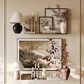 Decorative Accessories Set With Table Lamp Candle Holders Framed Artwork Vase On Beige Wall Shelf