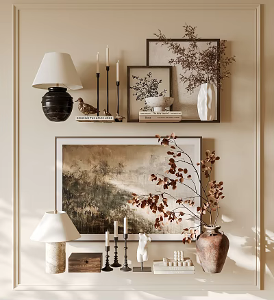 Decorative Accessories Set With Table Lamp Candle Holders Framed Artwork Vase On Beige Wall Shelf 3d model
