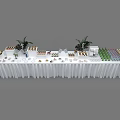 Display Shelf Setup With White Tablecloth Colorful Bottles Plants And Various Items 3d model