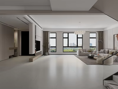 Modern Loft Living Room With Large Windows And Cozy Sofa Set 3d model