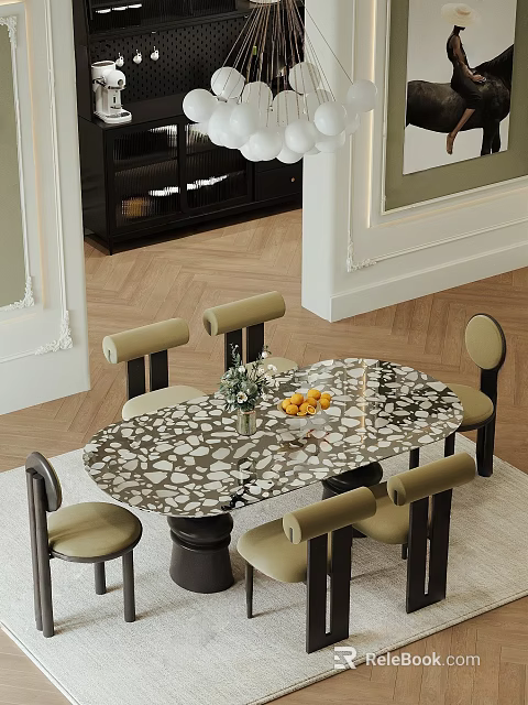 Modern Dining Interior With Spotted Pattern Table And Padded Back Chairs Set 3d model 