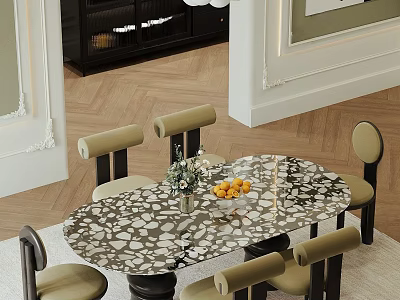 Modern Dining Interior With Spotted Pattern Table And Padded Back Chairs Set 3d model