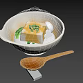 Tofu Soup with Chopped Green Onions Mushrooms in White Bowl and Wooden Spoon