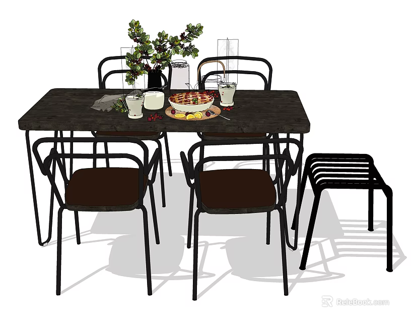 Modern Dining Table Set With Four Upholstered Chairs Stool And Decorative Plants Glasses Plate 3d model 