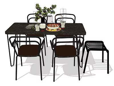 Modern Dining Table Set With Four Upholstered Chairs Stool And Decorative Plants Glasses Plate 3d model