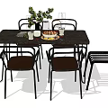 Modern Dining Table Set With Four Upholstered Chairs Stool And Decorative Plants Glasses Plate