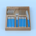 Wooden Tray with Blue Handle Cutlery Set Including Forks Knives and Kitchen Utensils