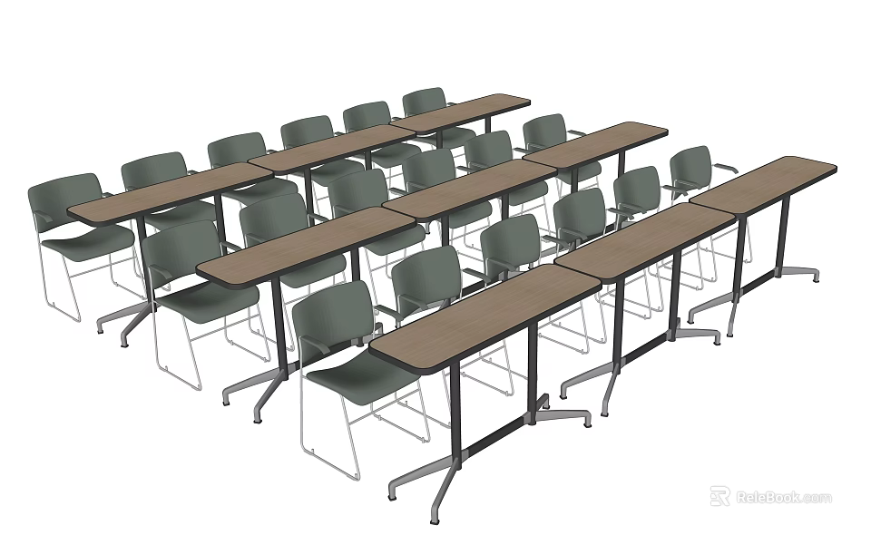 Long Conference Tables With Green Chairs And Metal Legs In Meeting Room Setup 3d model 