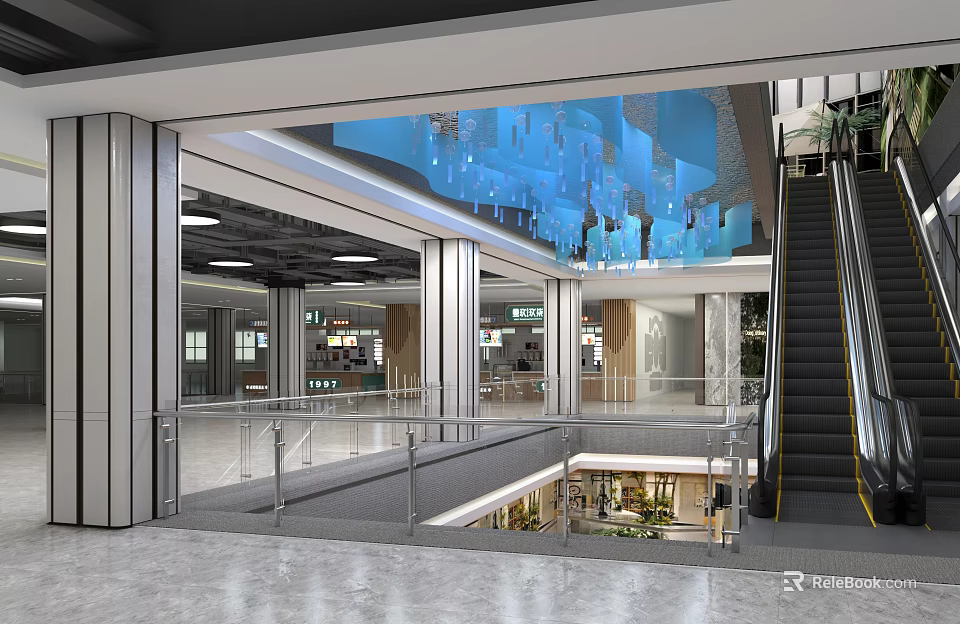 Modern Spacious Shopping Mall Lobby with Blue Hanging Decorations Glass Railings and Escalator 3d model 