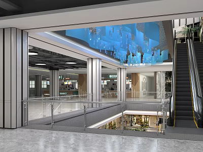 Modern Spacious Shopping Mall Lobby with Blue Hanging Decorations Glass Railings and Escalator 3d model