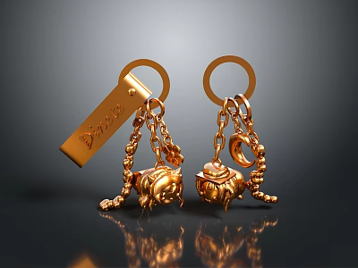 Golden Daily Use Keychains Featuring Chains Decorative Pendants And Engraved Tags 3d model