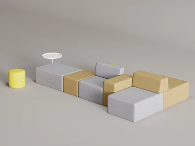Modern Modular Sofa and Coffee Table Set With Gray Beige Cushions and Round White Top 3d model