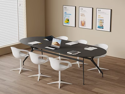 Modern Meeting Space With Black Oval Table White Chairs Laptop And Wall Posters 3d model