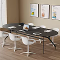 Modern Meeting Space With Black Oval Table White Chairs Laptop And Wall Posters