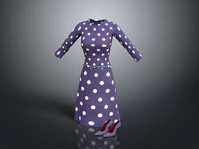 Purple Polka Dot Dress With Long Sleeves Belt And Polka Dot High Heels 3d model