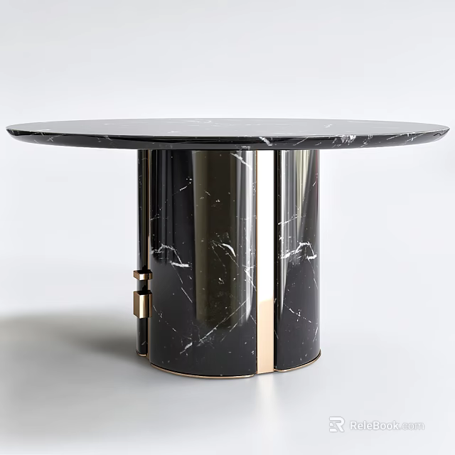 Sleek Modern Round Black Marble Dining Table With Cylindrical Gold Metal Accent Base 3d model 