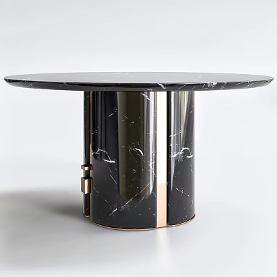 Sleek Modern Round Black Marble Dining Table With Cylindrical Gold Metal Accent Base 3d model