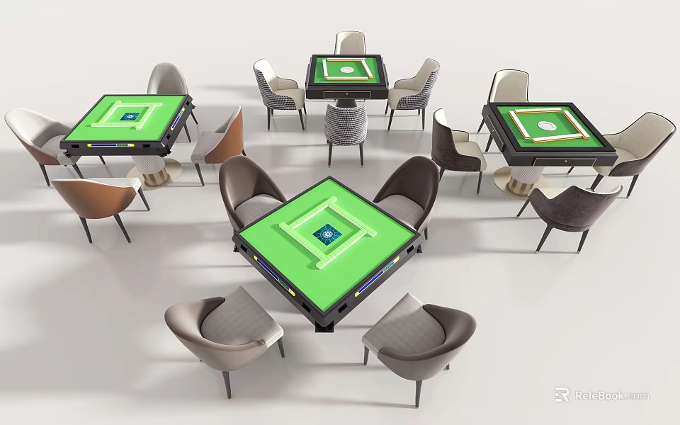 Modern Multiple Entertainment Tables With Green Surface And Surrounding Chairs 3d model