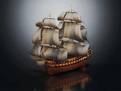 Classic Sailing Ship With Multiple White Sails Brown Hull And Reflection On Dark Surface 3d model