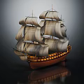 Classic Sailing Ship With Multiple White Sails Brown Hull And Reflection On Dark Surface 3d model
