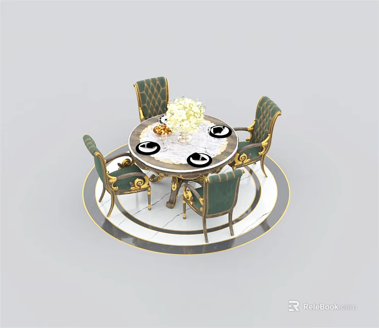 Elegant Round Dining Table Set With Green Velvet Chairs Gold Accents And Flower Vase 3d model 