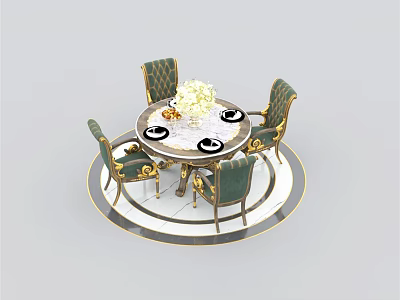 Elegant Round Dining Table Set With Green Velvet Chairs Gold Accents And Flower Vase 3d model