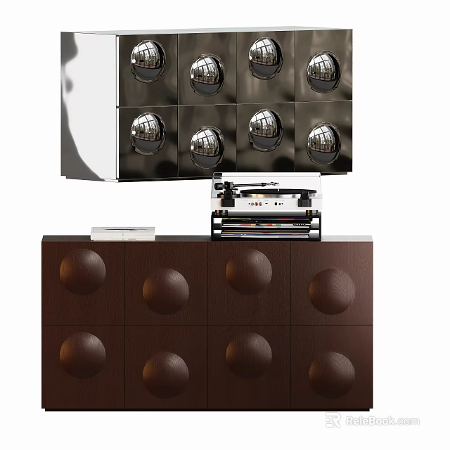 Brown Chest of Drawers With Circular Protruding Details And Books On Top With Wall Decorations 3d model 