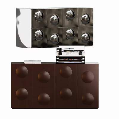 Brown Chest of Drawers With Circular Protruding Details And Books On Top With Wall Decorations 3d model