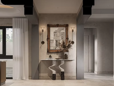 Elegant Modern Restaurant Entrance With Decorative Painting Wall Lamps Console Table And Vase 3d model