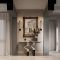 Elegant Modern Restaurant Entrance With Decorative Painting Wall Lamps Console Table And Vase