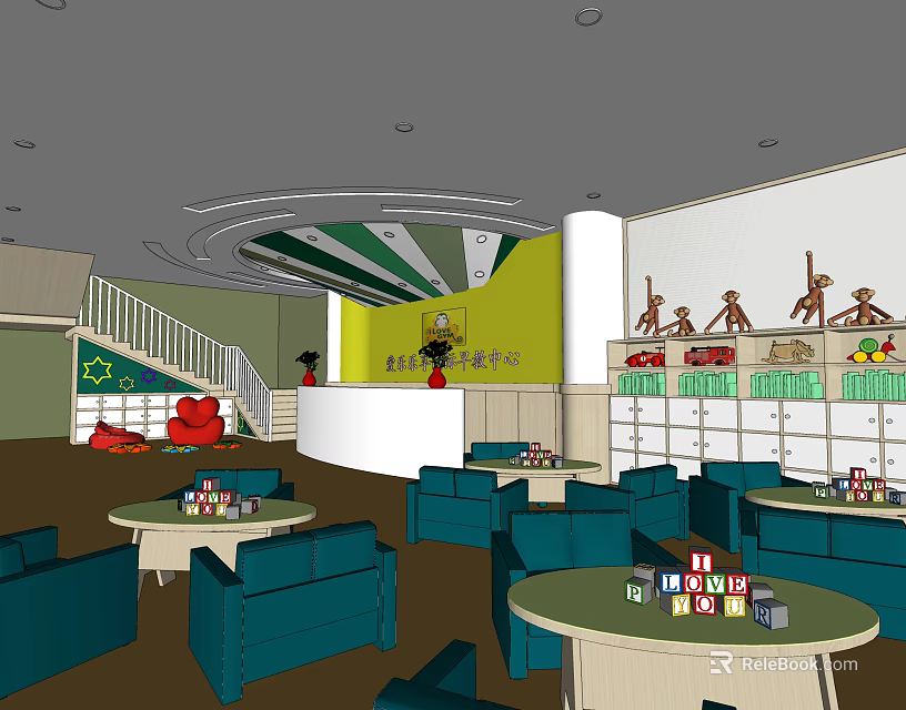 Colorful Kindergarten Interior With Green Yellow Walls Blue Sofas Round Tables And Building Blocks 3d model 