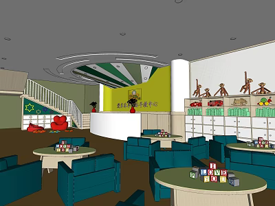 Colorful Kindergarten Interior With Green Yellow Walls Blue Sofas Round Tables And Building Blocks 3d model