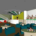 Colorful Kindergarten Interior With Green Yellow Walls Blue Sofas Round Tables And Building Blocks