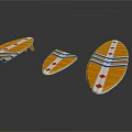 Orange Surfboards With Blue Stripes And Red Diamonds In Three Sizes