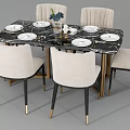Elegant Dining Table Set with Marble Top Upholstered Chairs Gold Legs and Tableware 3d model