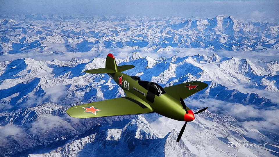 Green Fighter Jet With Red Star Markings 61 Flying Over Snowy Mountain Range And Clouds 3d model 