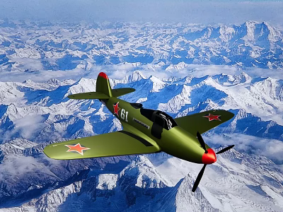 Green Fighter Jet With Red Star Markings 61 Flying Over Snowy Mountain Range And Clouds 3d model